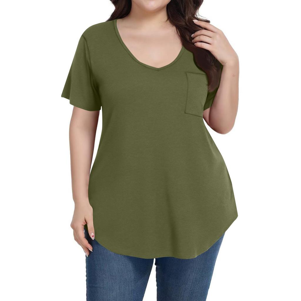 Women's Solid Color Large Size V-neck Top Loose Pocket T-shirt