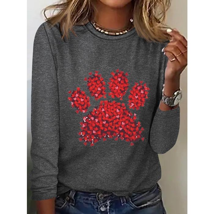 Round Neck 3D Printed Love Cat Footprint Pattern Top Fashionable Casual Long Sleeved Women's T-shirts