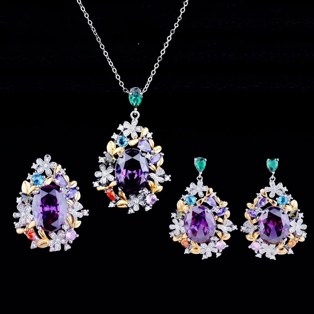 Серьги Color Treasure, кольцо Fanta, набор из фиолетово-желтых бриллиантов