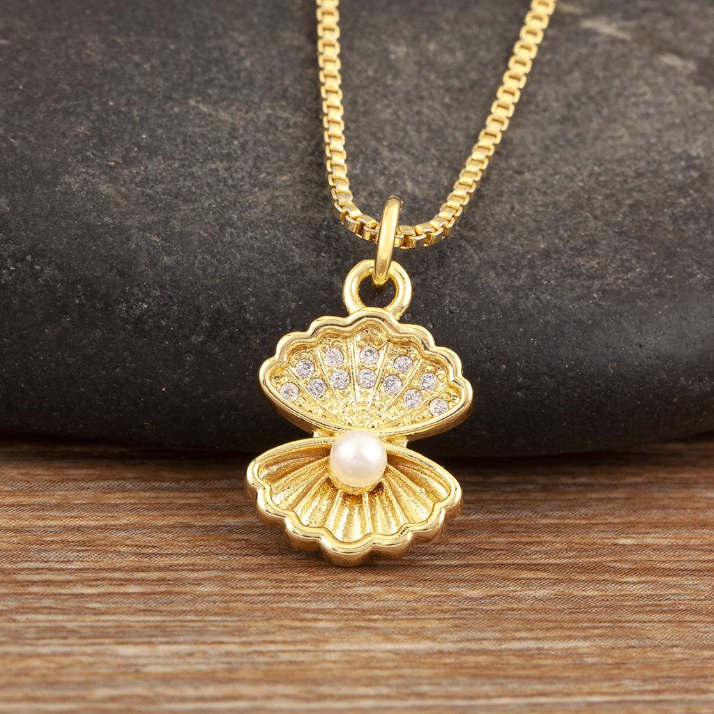 Nidin Elegant Shell Shape Inlaid Pearl Zircon Pendant Necklace For Women Female Compact Exquisite Clavicle Chain Jewelry Gifts