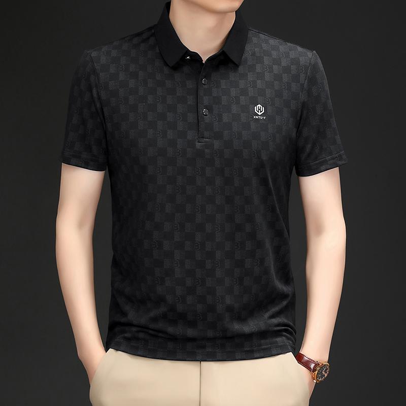 Summer Men's Plaid Printed Polo Shirt High-End Brand Business Leisure Seamless Short Sleeved Cool Lapel T-shirt Men's Clothing