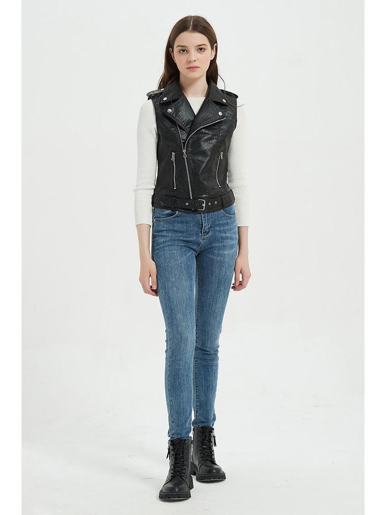 Women's Slim Fit PU Leather Motorcycle Vest with Belt and Zipper