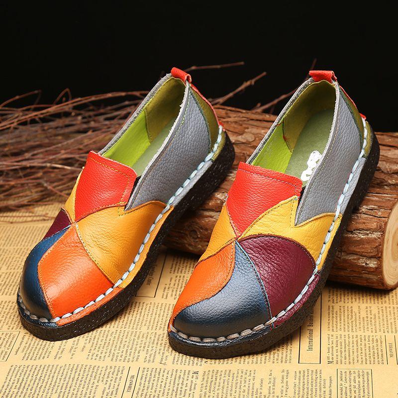 Designer Patches Ballet Flats For Women Luxury Vintage Shoes Big Size 42 Women's Genuine Leather Moccasins Mom Rainbow Loafers