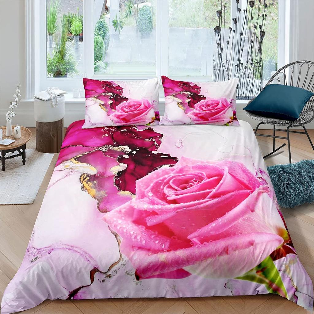 Пододеяльник с розами, женский шикарный комплект постельного белья с фиолетовым цветочным принтом, романтические цветы, блестки, королевского размера, покрывало для пар