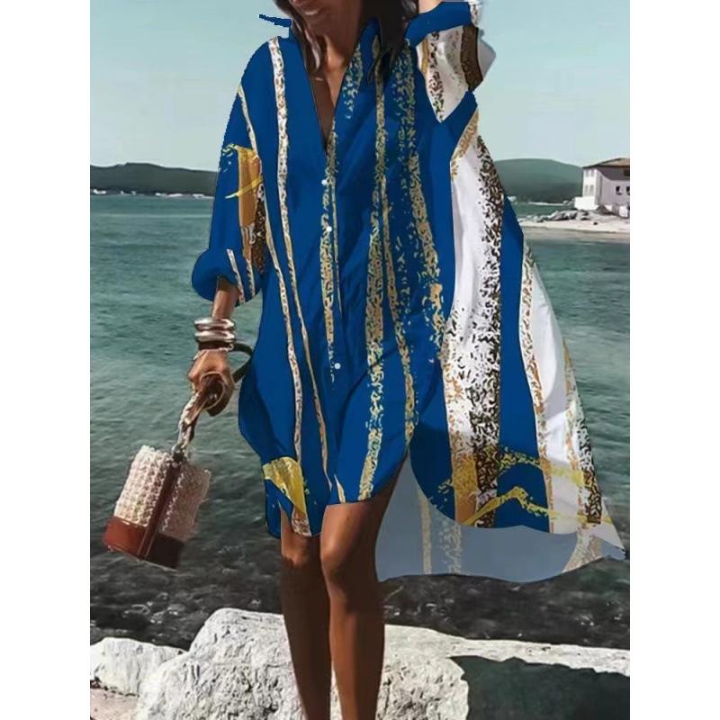 Осеннее платье мода досуг грация принт лацкан длинный рукав свободные вечерние пляжные женские рубашки платья MsChuh