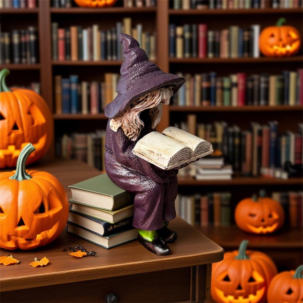 Halloween Witch Reading Book Resin Statue Ornaments, Handicraft Home Decoration Desktop Ornaments Gift