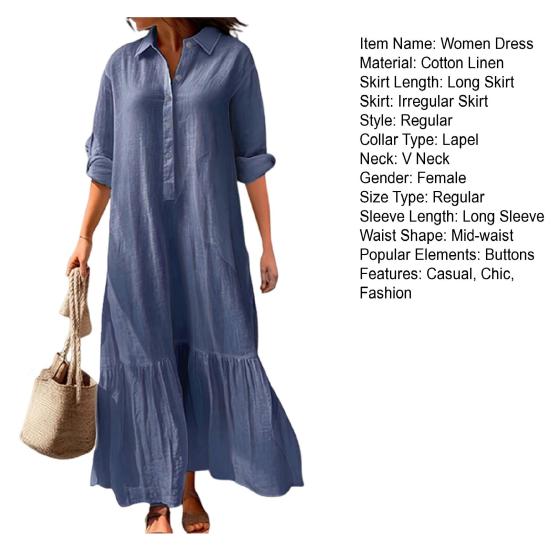 Женское хлопковое льняное платье-рубашка с длинным рукавом и V-образным вырезом на пуговицах, повседневное струящееся длинное платье больших размеров
