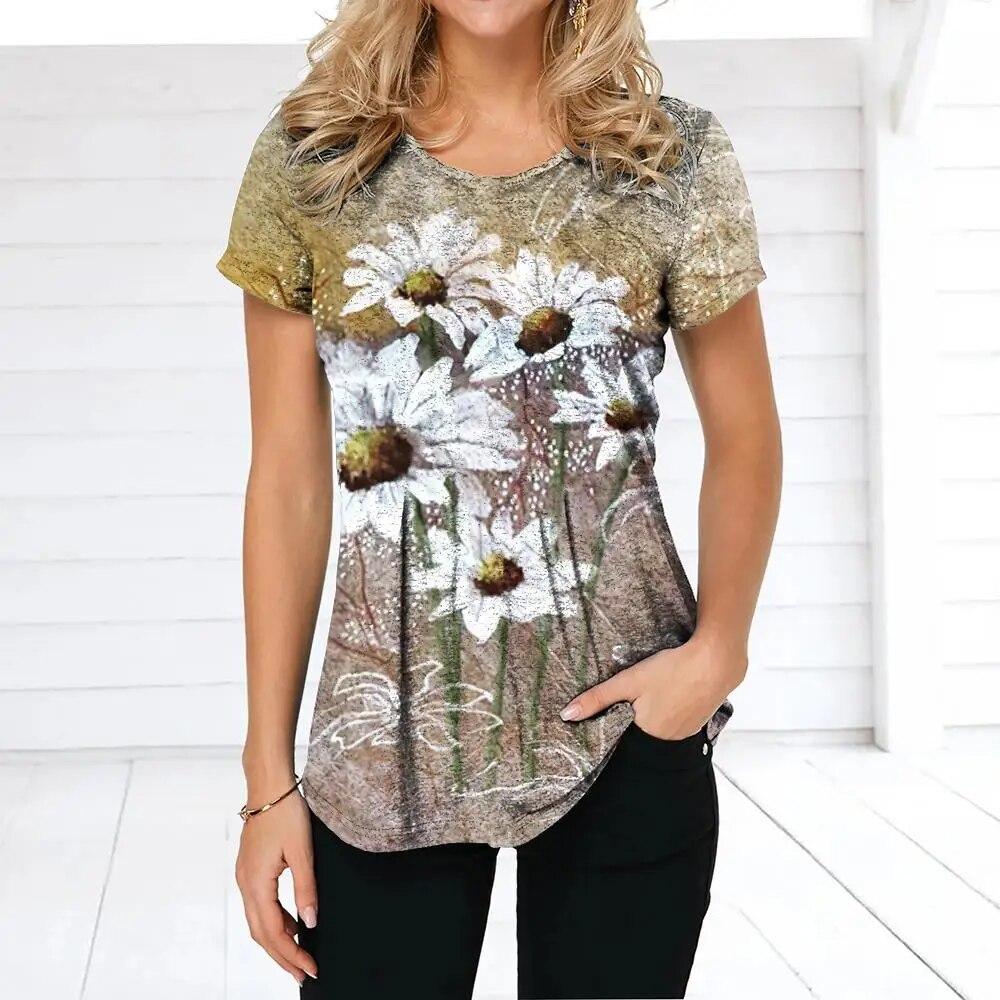 Летняя женская футболка в стиле ретро с цветочным принтом, повседневная повседневная футболка, обычный пуловер для женщин, женская одежда с коротким рукавом и круглым вырезом