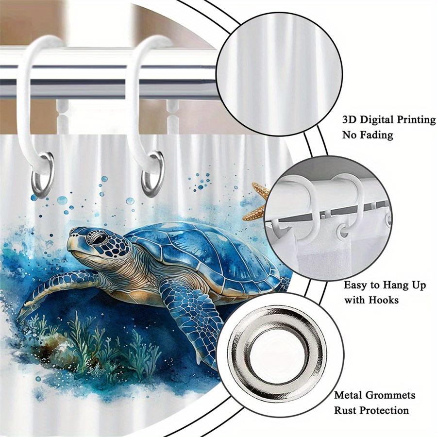 1 Piece Watercolor Blue Turtle Shower Curtain, Polyester Fabric, Machine Washable, Suitable For Bathroom Decoration