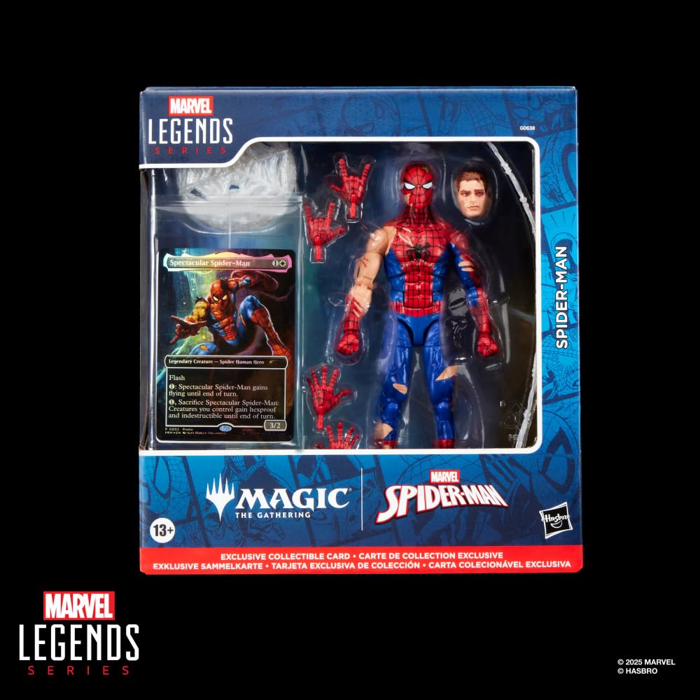 Hasbro Серия Marvel Legends «Магия»: "Сбор" Паук-Человек с боевыми повреждениями 15 см Игрушка-фигурка + Лимитированная фольгированная коллекционная карточка