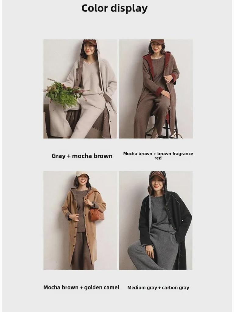 Женское кашемировое пальто с капюшоном — толстое, теплое, средней длины, выше колена, кардиган для осени и зимы