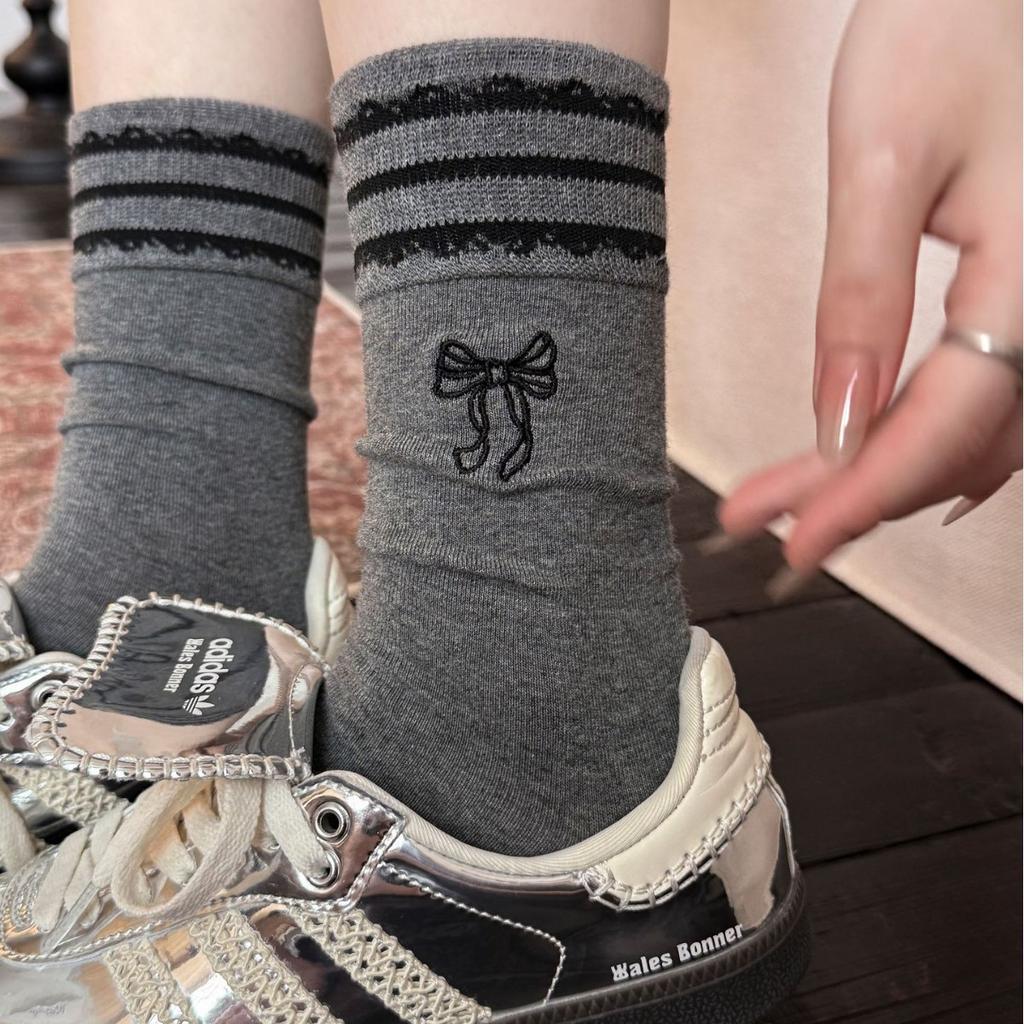 Striped Bow Socks, Socks, Spring And Autumn Cotton Socks, Trendy Korean German Training Shoes, Cute Stockings