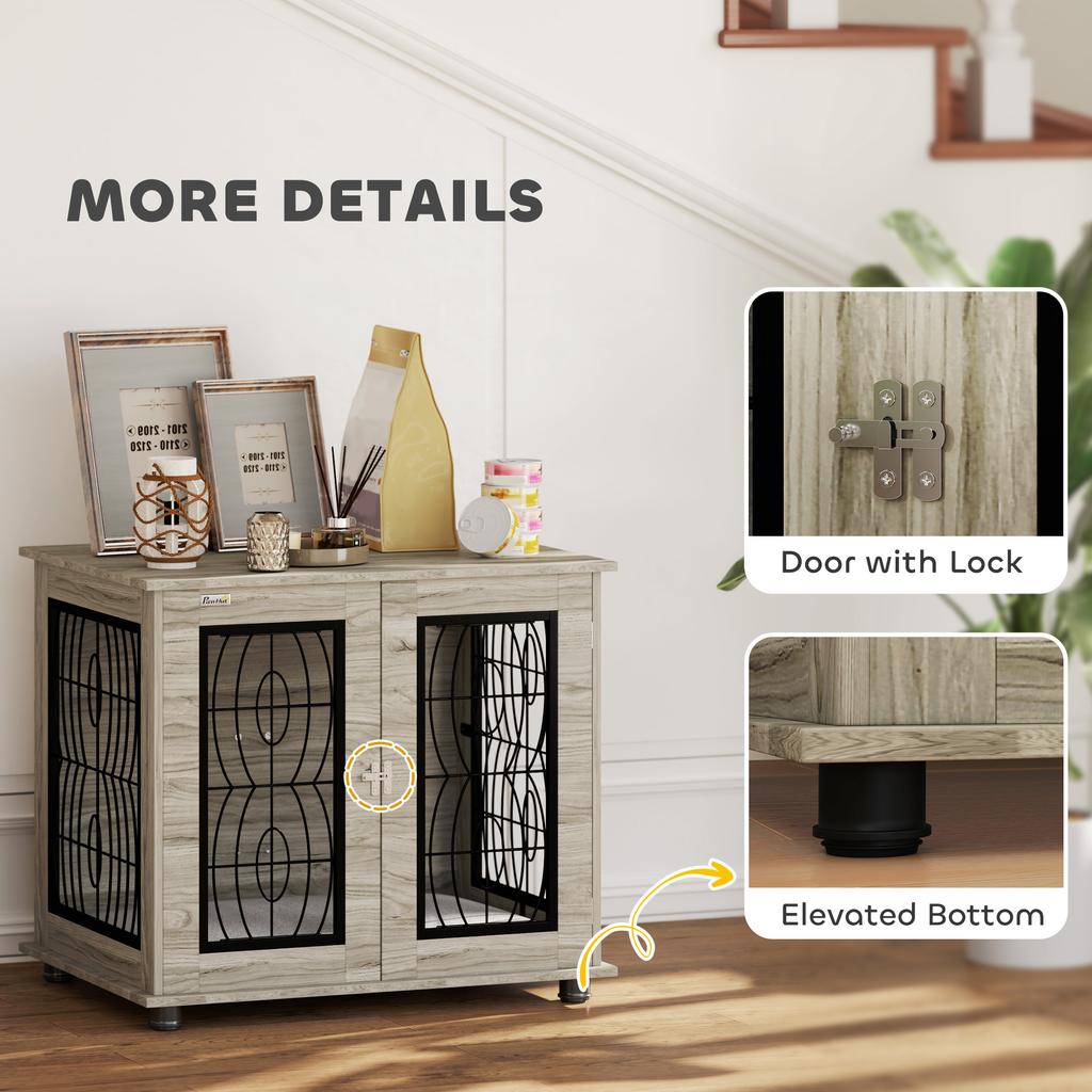 Indoor Dog Crate Furniture End Table with Soft Washable Cushion, Lockable Front Door, for Medium Dogs - Black