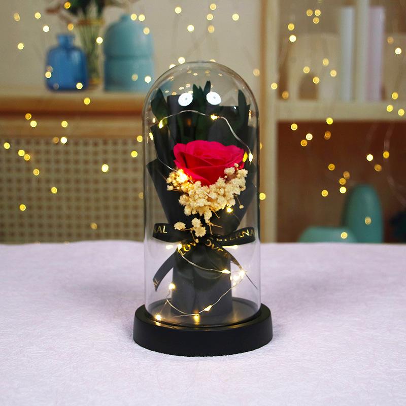 Valentine's Day immortal flower rose birthday gift for girlfriend soap flower glass cover doll bouquet ornament