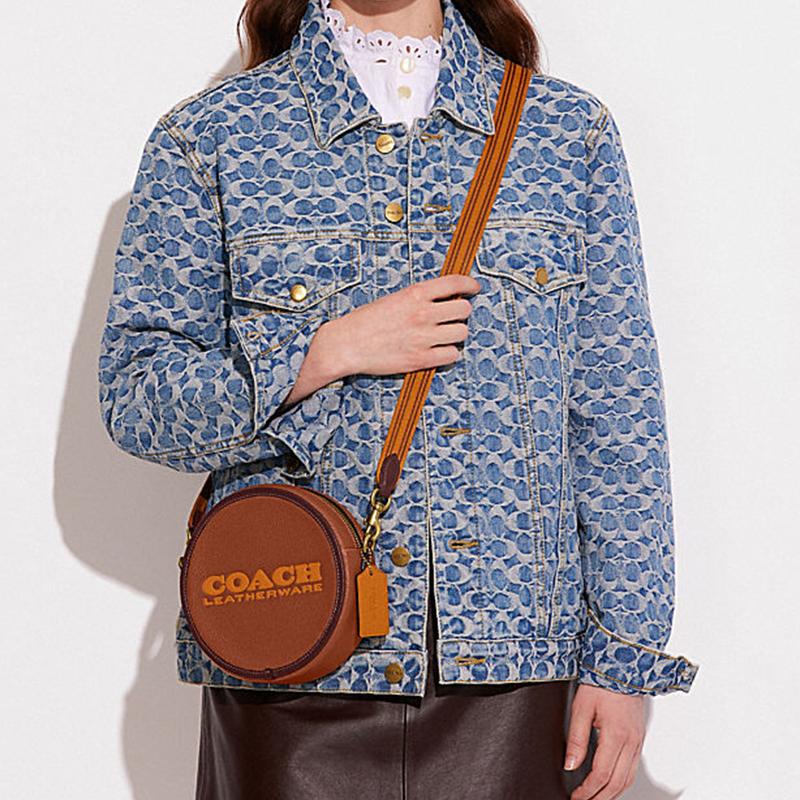 Coach Kia 18 Logo Color Block Zipper Closure Leather Mix Round Bag Women Shoulder Bag Saddle-Brown Multicolor CA098-B4MBV