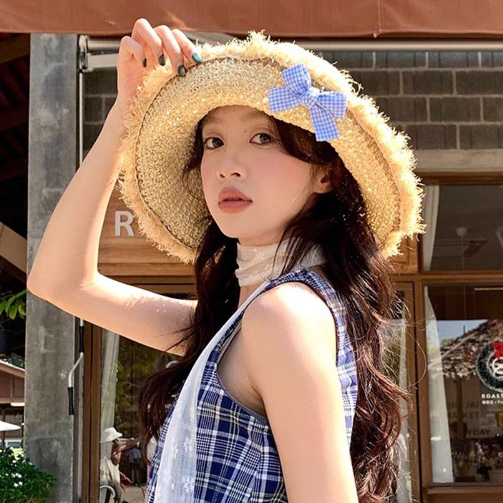 Sweet Woman's Straw Hat Elegant Lace Brim Sunshade Cap Vacation Big Bowknot Sun Hat  Girls