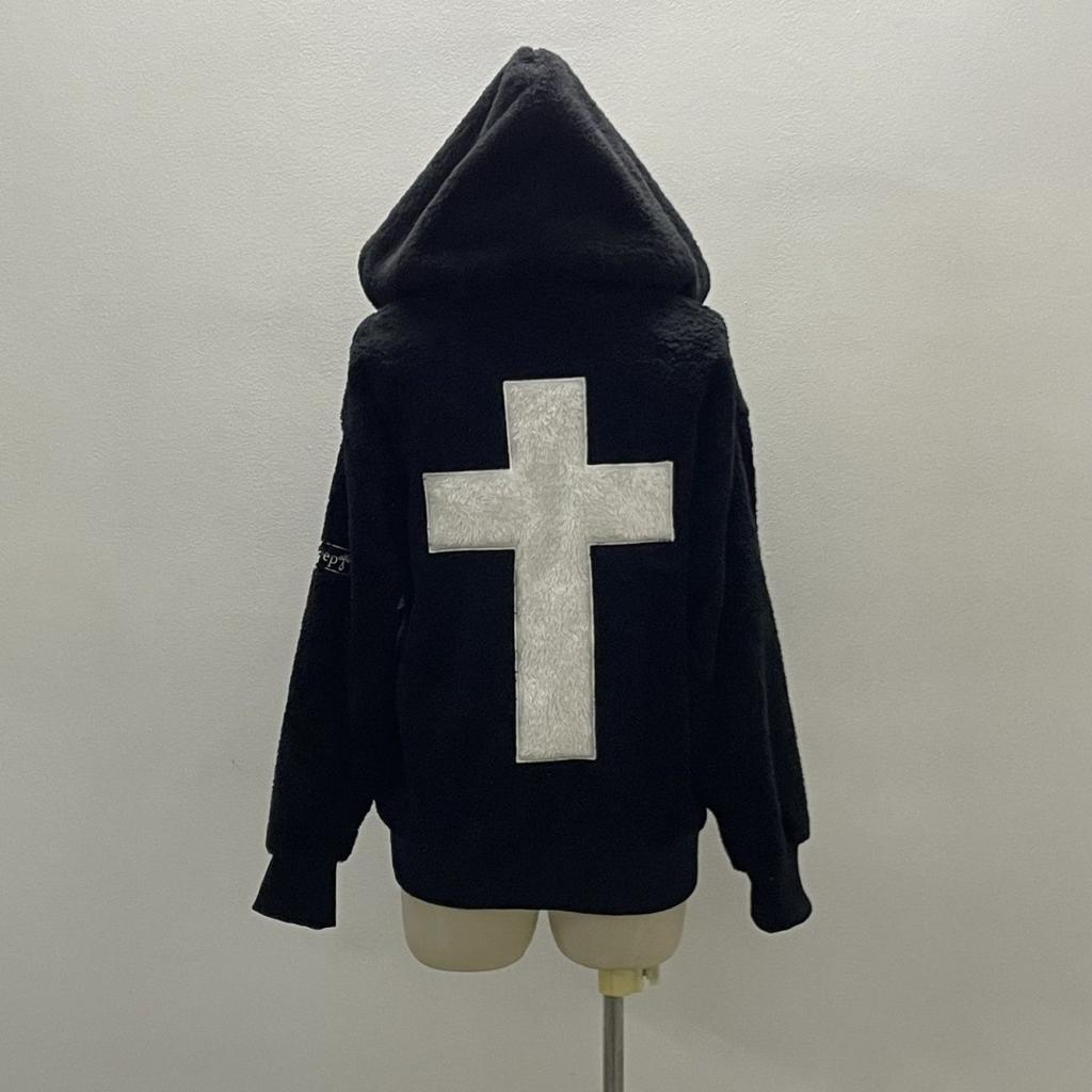 VAYLA Y2k Lamb Jackets Women Gothic Hoodies Cross Skull Grunge Zipper Sweatshirts Vintage Casual Hooded Coats Harajuku Streetwear