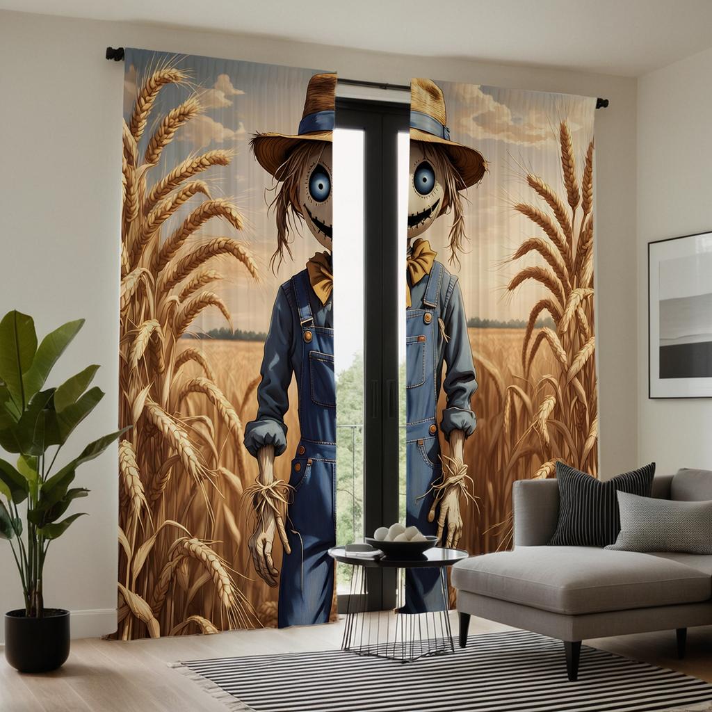 2 Pieces of HD Cornfield Scarecrow Curtains Yellow Tie Digital Printed Curtains Home Decoration Style Decoration Living Room Bed
