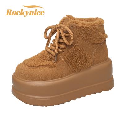 Теплые зимние ботинки для женщин Зимние плюшевые хлопковые утепленные туфли Женские ботильоны до щиколотки на высоком каблуке 7 см Коренастые туфли на платформе