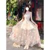 French Sweet Design Three-dimensional Flower Mesh Suspender Dress Femininity Vacation Style Princess Fluffy Dress