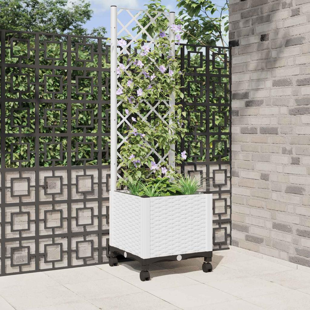 Planter with Trellis and Wheels White 40 x 40 x 146 cm PP