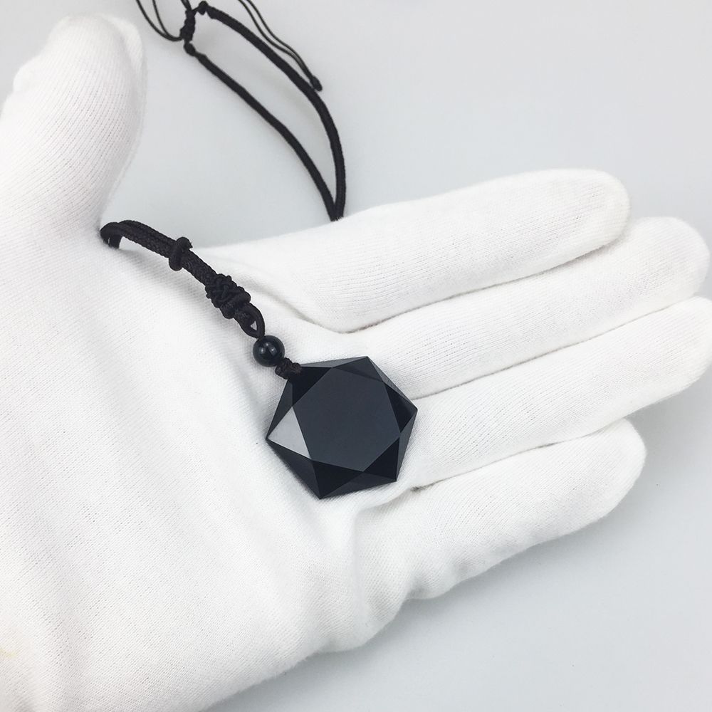 Black Fashion Lucky Blessing Black Jewelry Hexagram Shape Obsidian Pendant Amulet Necklace