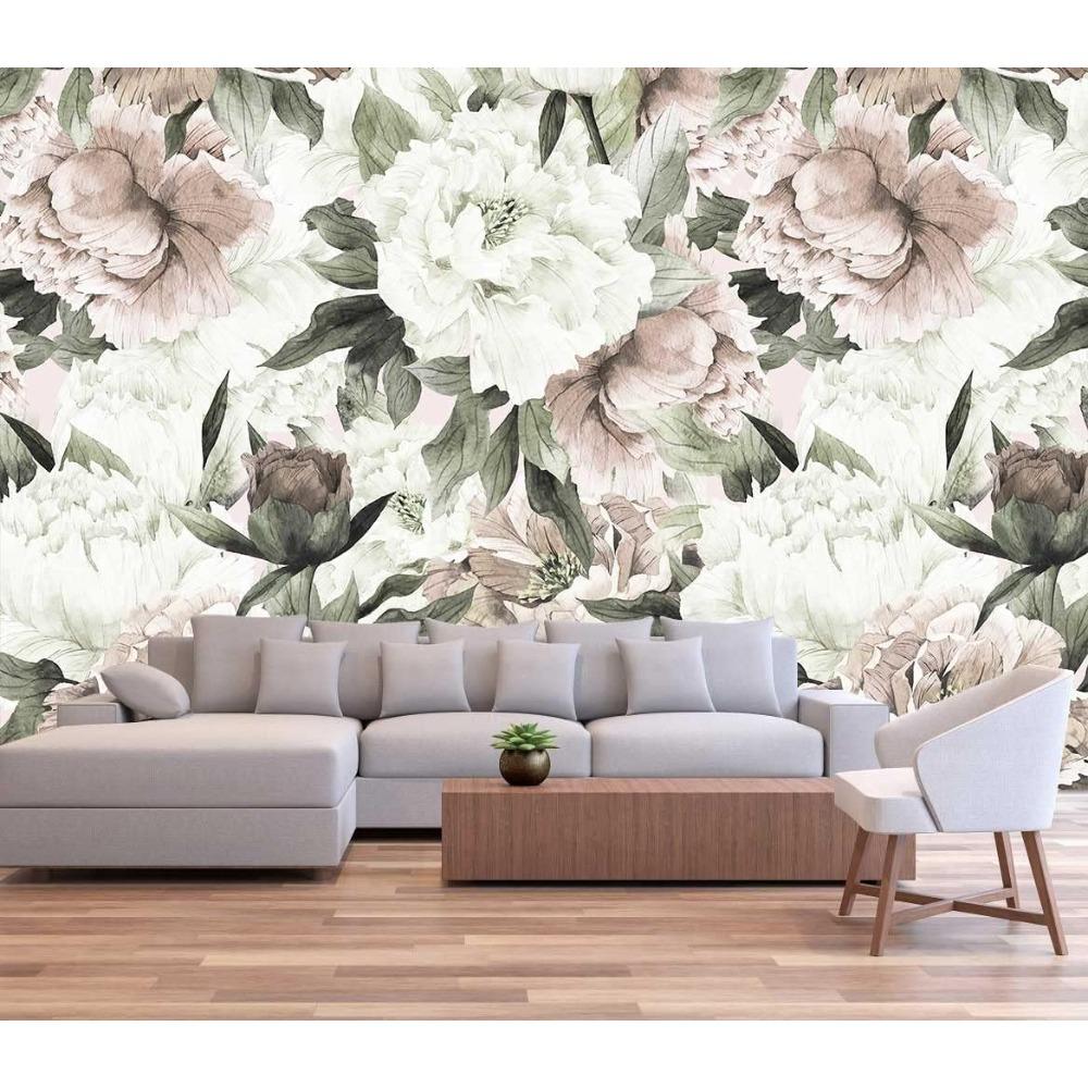 Watercolor Vintage Peony Floral Wall Mural Big Flower Leaves Wallpaper for Bedroom Decor