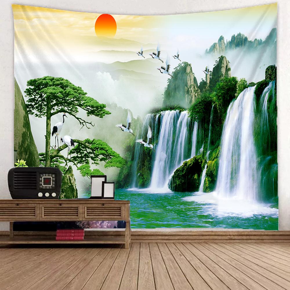 Natural Landscape Tapestry Mountain Waterfall Bird Day Flower Wall Hanging Home Wall Decoration Background Wall Tapestry