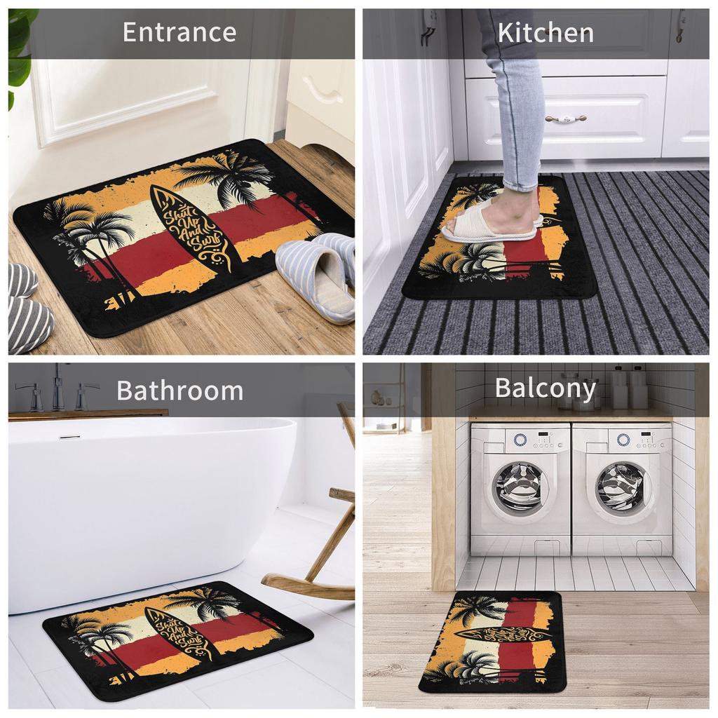Surfboard Palm Tree Doormat Black Brown Red Yellow Printed Polyester Machine Washable Cold Water Only 80x50cm