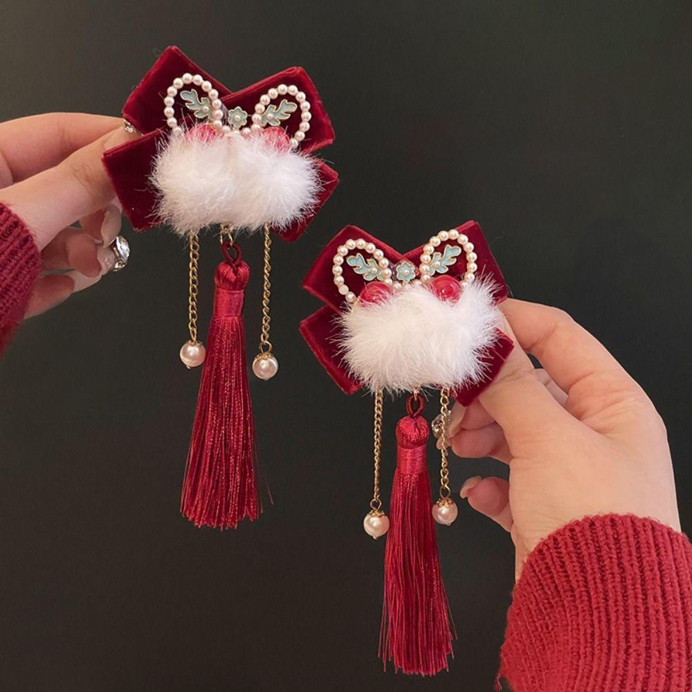 Plush Lion Dance Hairpin Pearl Tassel Chinese New Year Headwear Ancient Style Hairpin Children