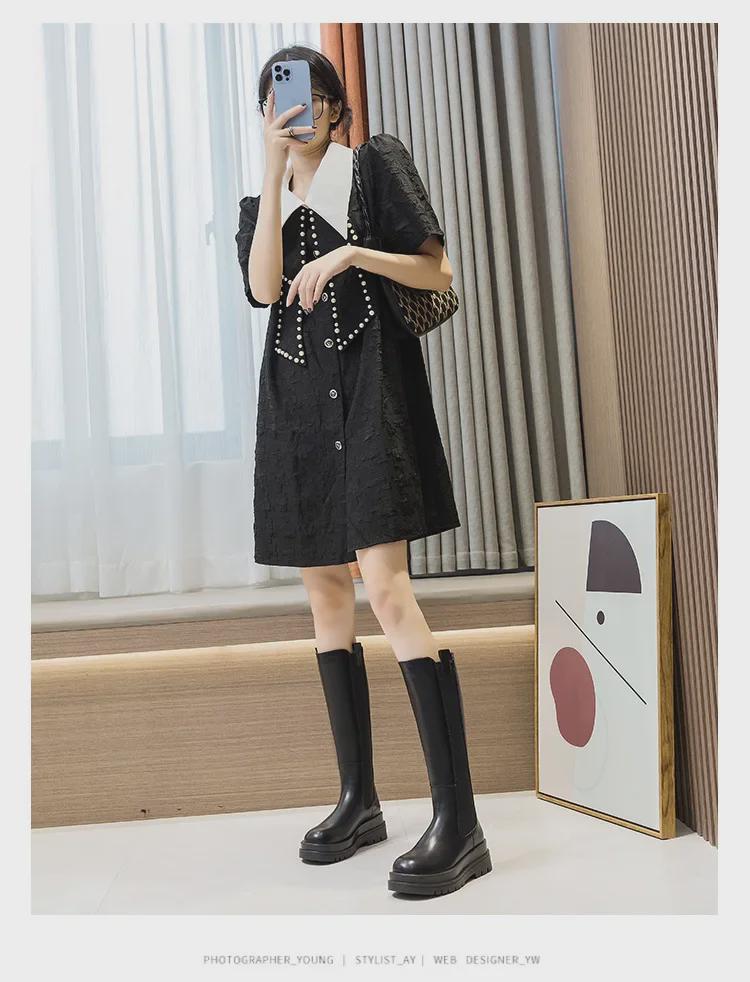 Женские сапоги до колена из натуральной кожи: Модные узкие туфли на толстой подошве осень/зима 2023 года.