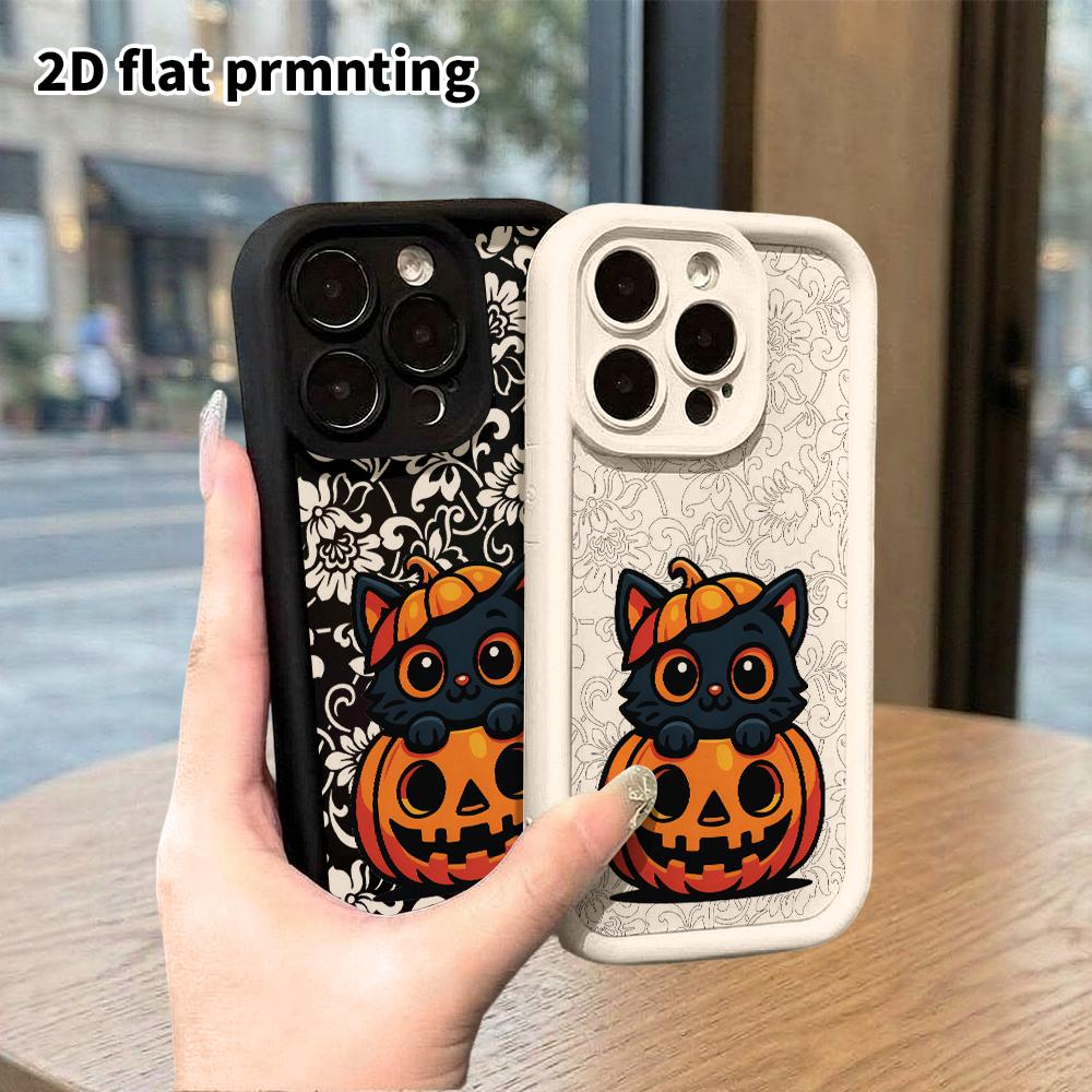 Чехол для телефона: 2D плоский дизайн, подходящий для защитного чехла iPhone 18 17 16 15 14 13 Pro, унисекс, тыква черный кот, рождественский и хэллоуинский подарок