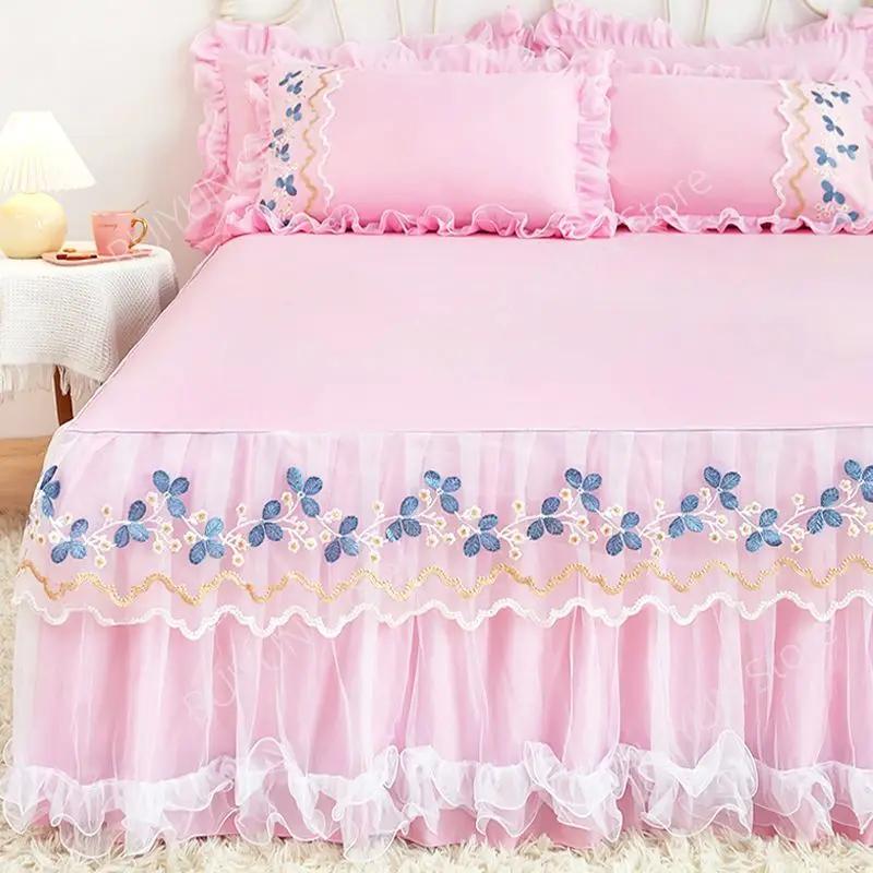 Кружевная юбка с цветочной вышивкой. Юбка принцессы с рюшами. Нескользящий наматрасник. Простыня. Домашний чехол на кровать. Покрывало.