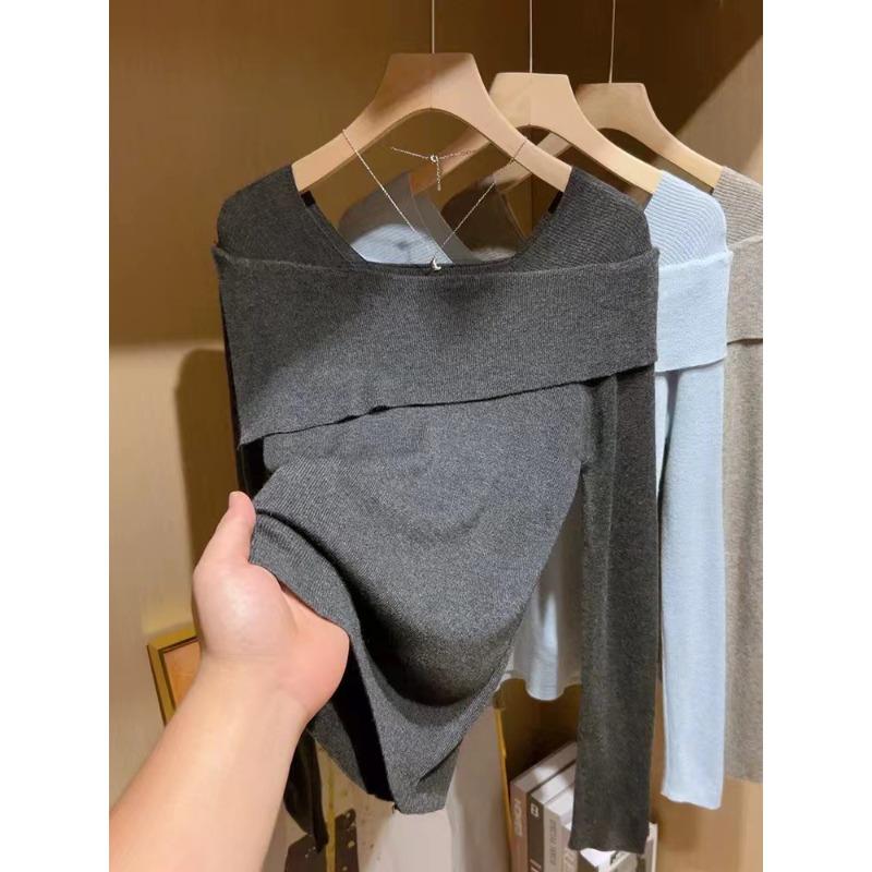 Design Sense One-word Shoulder Lapel Long-sleeved Knitted Sweater Women's Inner Slim-fitting Sweet and Spicy Bottom Sweater Outer Top