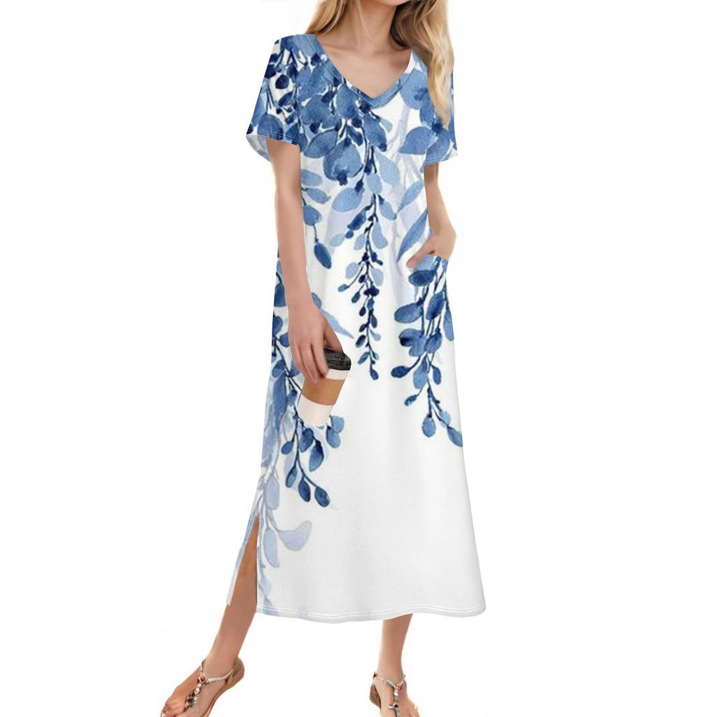 Women's Summer Floral Print Dress Short Sleeve Beach Dress With Pocket Casual V-neck Hem Side Slit Dress