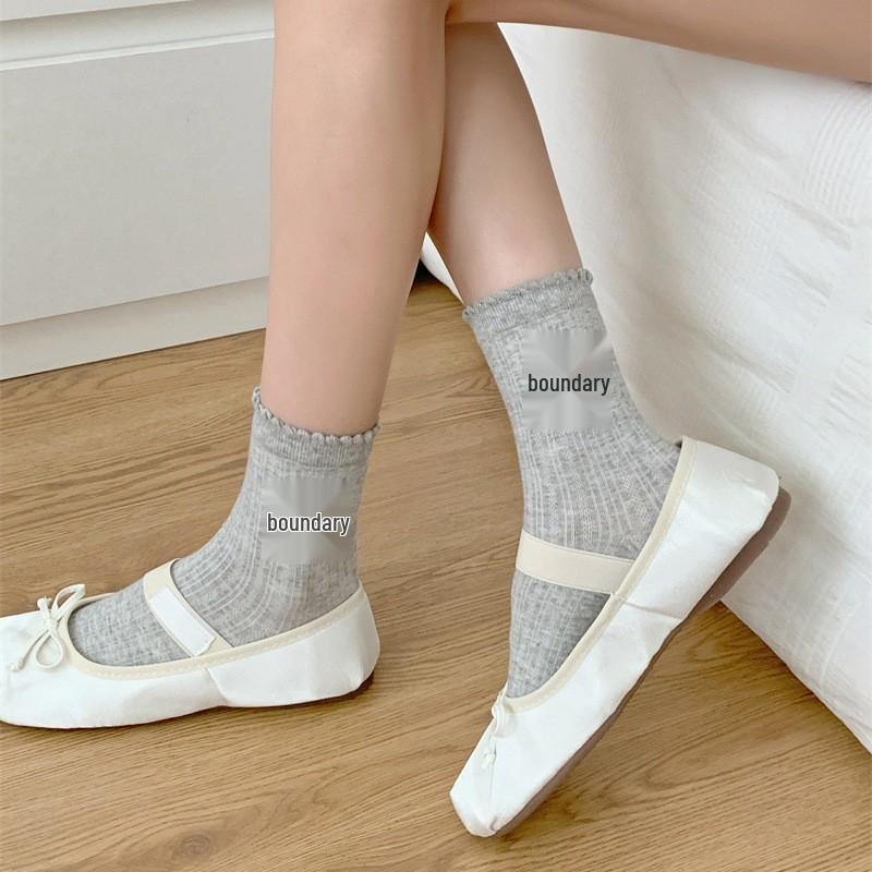 Miu Style Women's Summer Grey Bow Mesh Mid-Calf Socks - Super Thin, Glittery, Hot Stamping Design