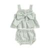 Комплект из 2 предметов для новорожденных девочек, клетчатый узор, цветочный принт, бант, подтяжки, топы и шорты