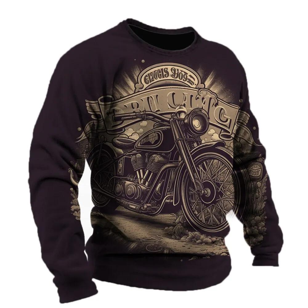 2024 Винтажная мужская футболка с рисунком мотоцикла Футболки с длинным рукавом с 3D-принтом Одежда Графическая уличная одежда больших размеров Мужская одежда