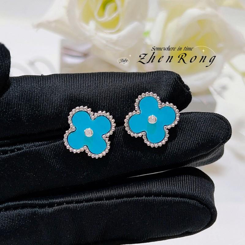 Womens Malachite Clover Jewelry Set Blue Agate Earrings Necklace Bracelet Vintage Style