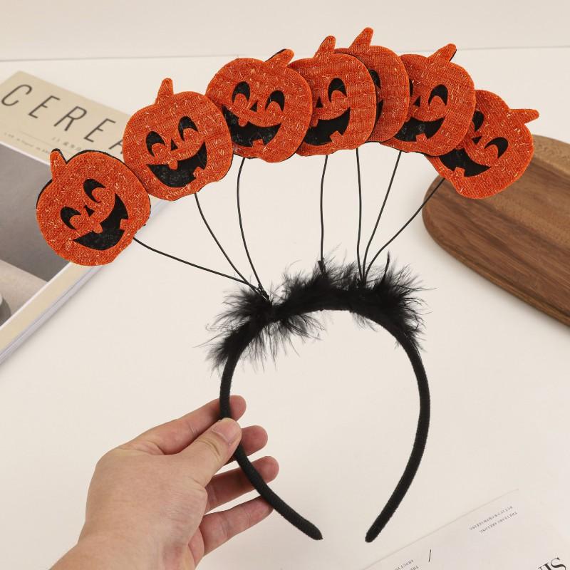 Halloween Pumpkin Hairband With Black Feather Decor Handmade Fabric Headpiece Costume Party Unisex Cute Accessory