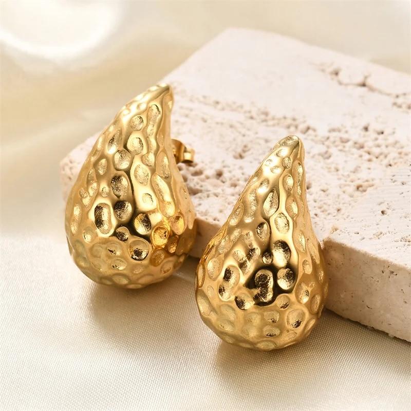 Vintage Gold Color Plated Chunky Dome Drop Earrings for Women Glossy Stainless Steel Thick Teardrop Earring Jewelry Wholesale