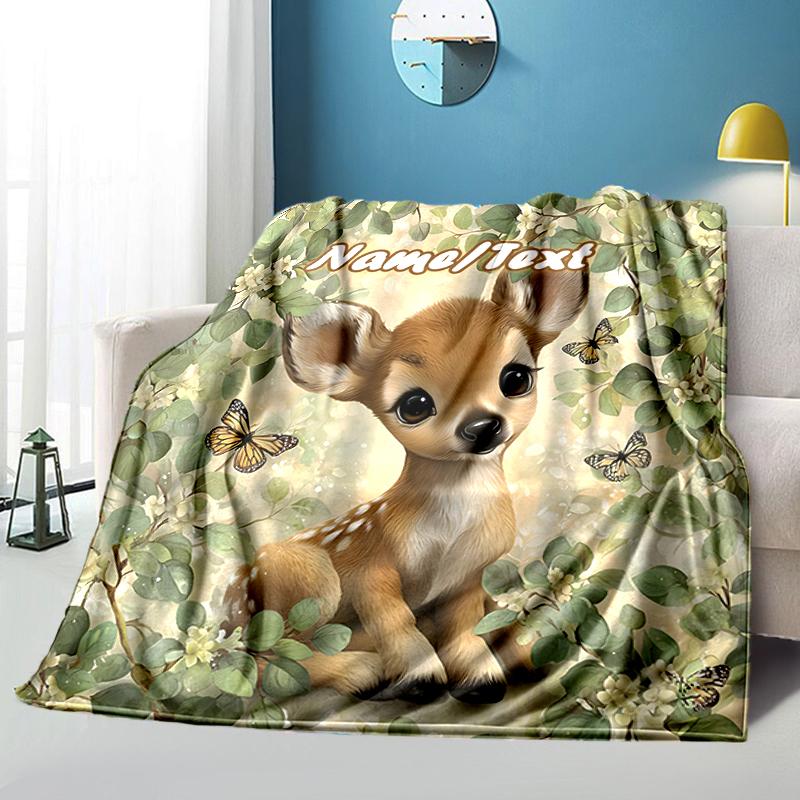 1PC Custom Name Baby Deer Nature outdooor Flannel blankets Throw Blanket All-Season Throw Gift Bedspread for Couch, Bed, Camping Holiday Birthday gift