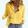 Women Fashion Cat Print Shirt Female Lapel Collar Cotton Linen Top Casual Loose Buttoned Long Sleeve Blouses