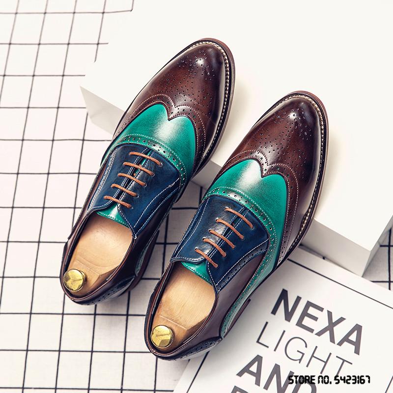 British Designer Colorful Mix Pointed Brogue Leather Shoes Flat For Men 2025 Dress Formal Wedding Prom Oxford Zapatos Hombre