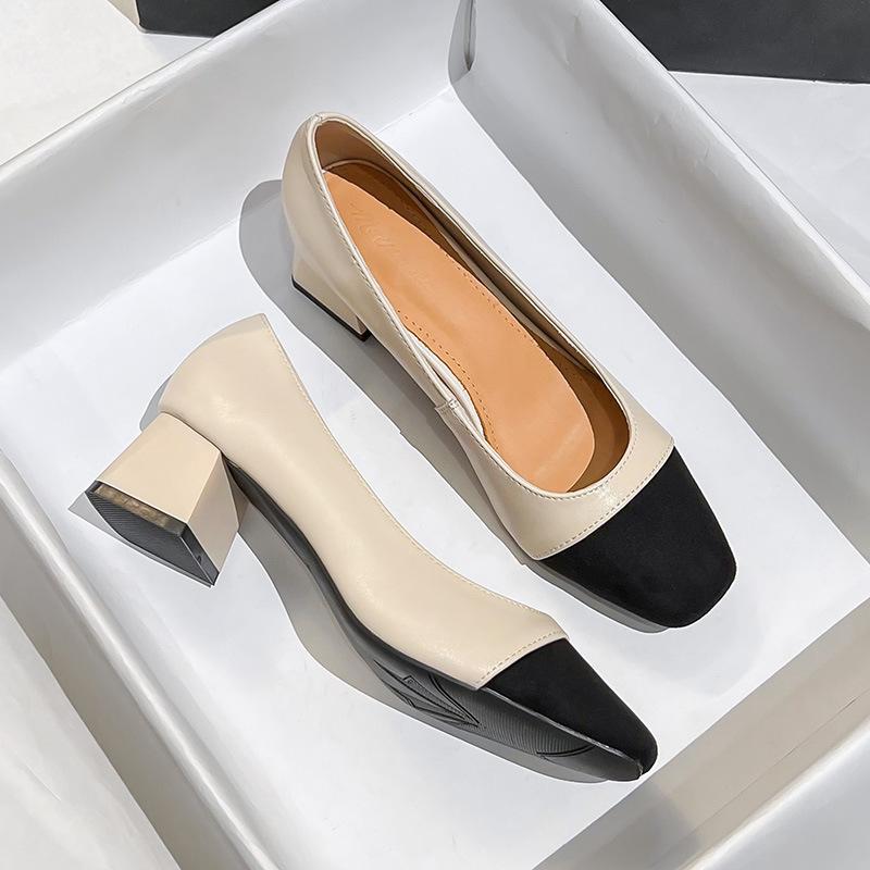 Весна 2024 года, новые женские туфли на низком каблуке большого размера 41-43, квадратный толстый каблук, одинарные туфли из натуральной кожи для женщин