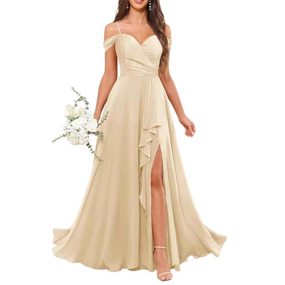 Temperament new evening dress off-the-shoulder bridesmaid dress wedding long chiffon sexy ruffle pleats