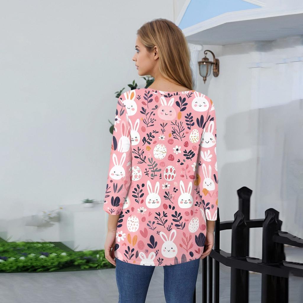 Жен. Футболка С принтом Пуговицы Рукав 3/4 Повседневные Выходные Мода Классический Классический V-образный вырез Обычный Верх