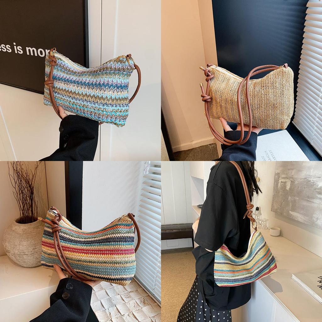 Summer Womens Woven Tote Bag With Zipper Closure For Casual Daily Use