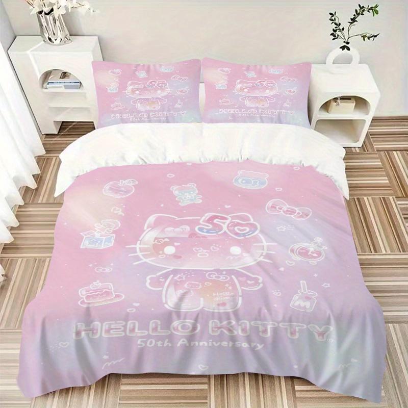 3 шт. Розовый стеганый комплект с принтом Hello Kitty - Мягкий и удобный пододеяльник для спальни, гостевой комнаты Декоративный комплект постельного белья W080