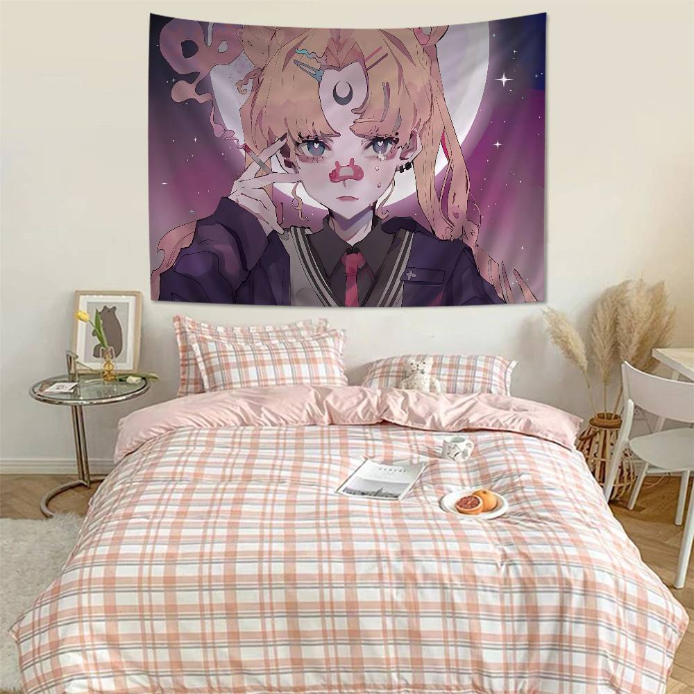 SSailores Cute Girl Moon Colorful Tapestry Wall Hanging Hanging Tarot Hippie Wall Rugs Dorm Wall Art Decor